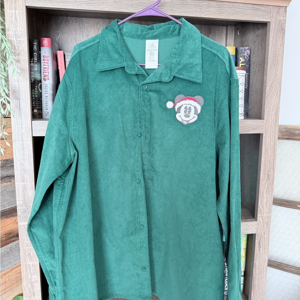 Disney Parks Christmas Mickey Mouse green corduroy button-down shirt